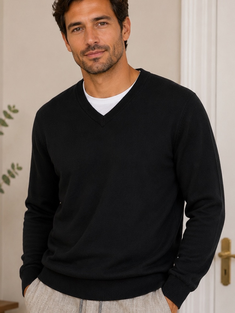 John Bartlett Men's Black V-Neck Cotton Sweater - XXL